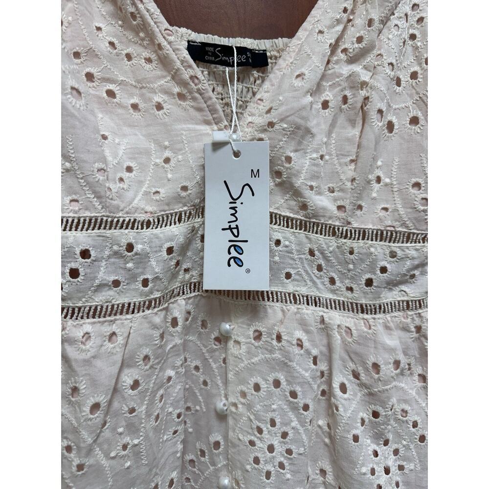 Sexy Eyelet V Neck Cotton Maxi Dress Pearl Buttons Boho Romantic Cottagecore Med - Picture 3 of 8